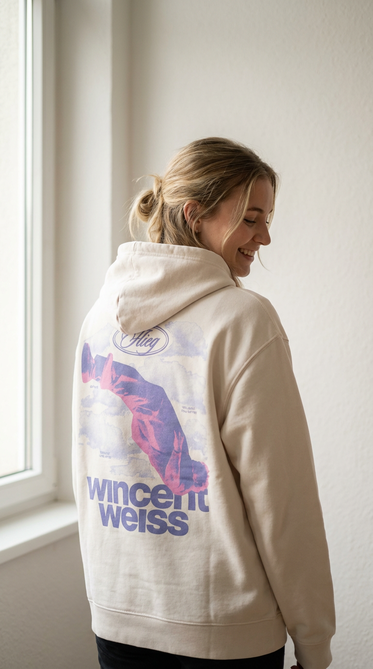 Frau von hinten in cremefarbenem Hoodie mit Wincent-Weiss-Print  auf dem Rücken, lächelnd zur Seite blickend, im Hintergrund ein Fenster. [KI]