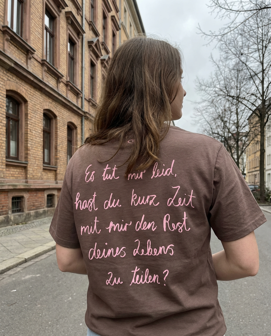 Alt-Text: Frau von hinten auf einer Straße vor einem Altbau, brauner T-Shirt-Print in rosa Handschrift-Optik mit dem Text „Es tut mir leid, hast du kurz Zeit mit mir den Rest deines Lebens zu teilen?“. [KI]